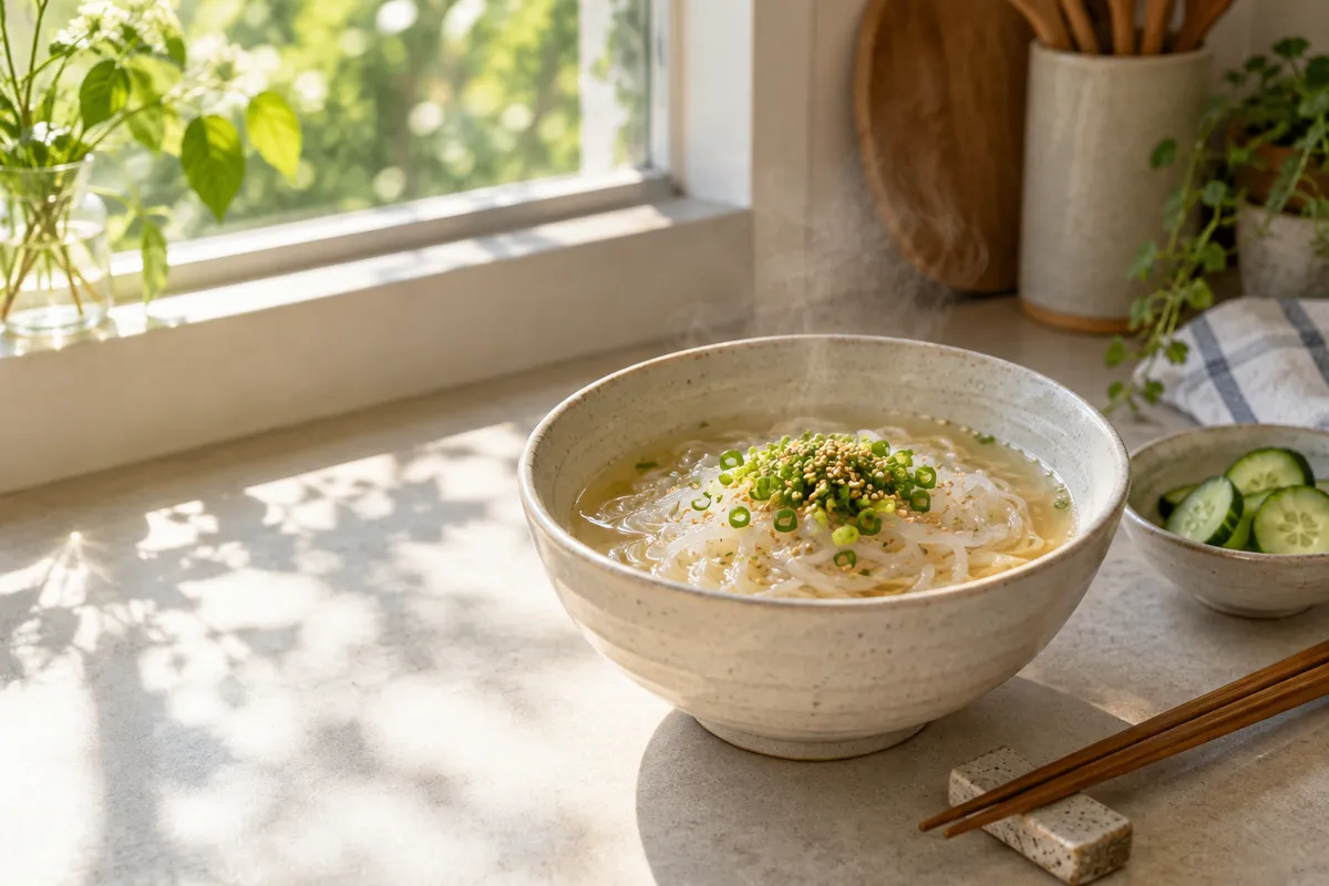 湯気の立つこんにゃく麺の器と箸