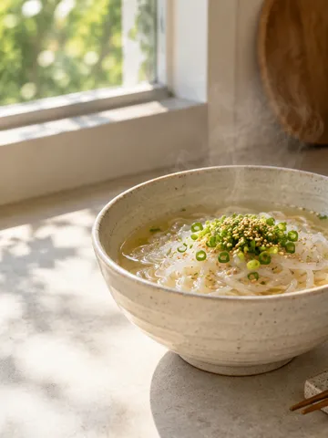 湯気の立つこんにゃく麺の器と箸