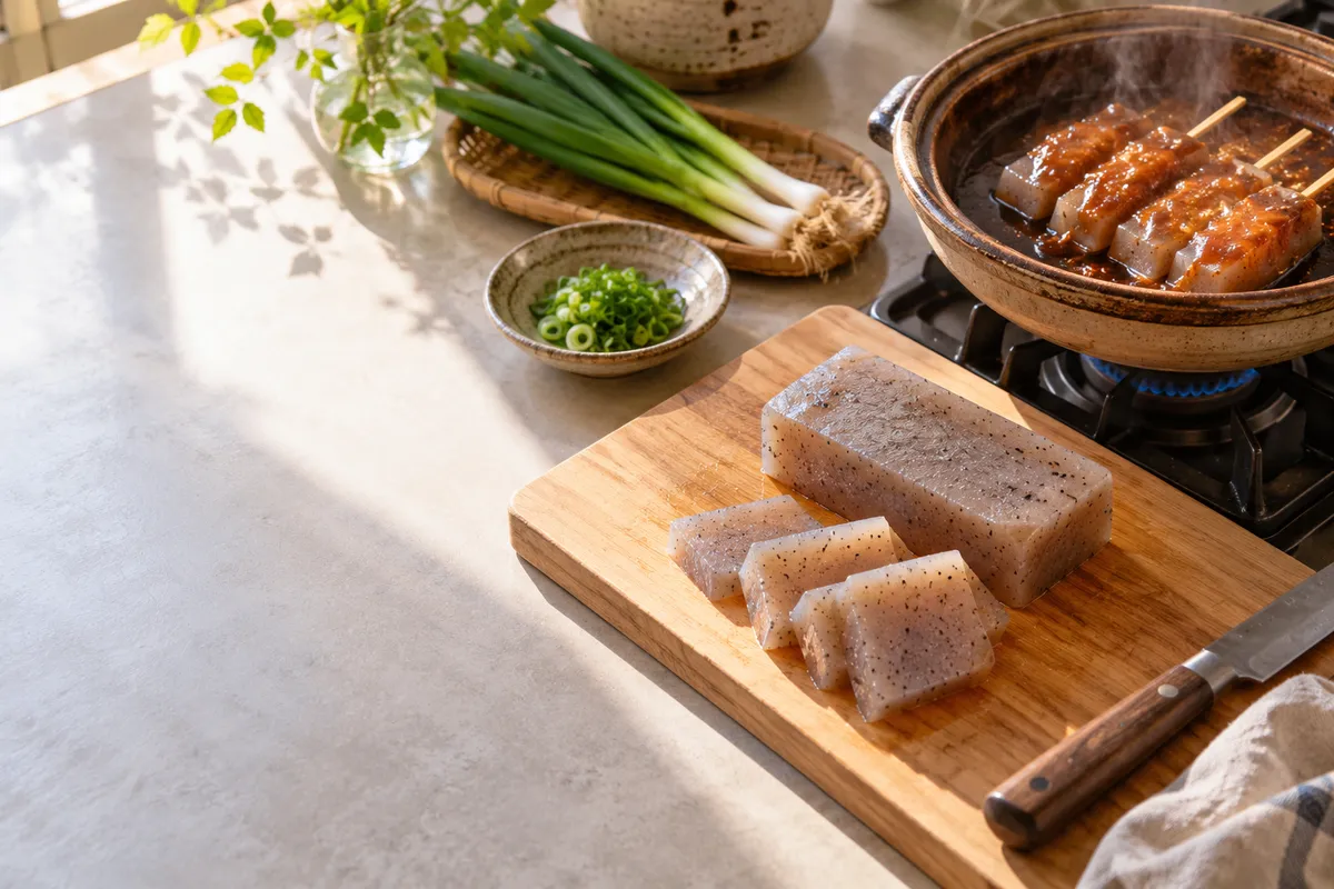 台所の板の上のこんにゃくと味噌田楽