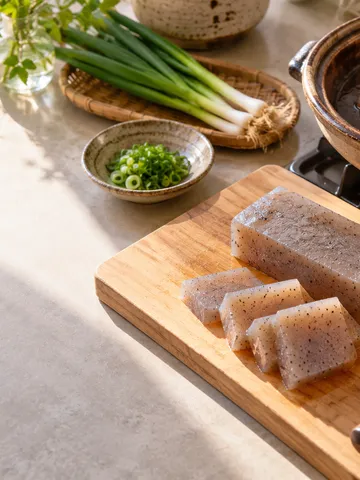 台所の板の上のこんにゃくと味噌田楽