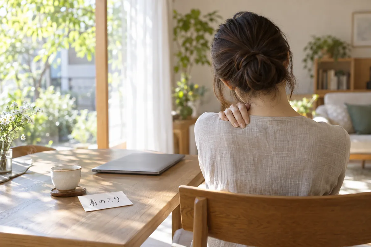 肩に手を添える後ろ姿と「肩のこり」のメモ