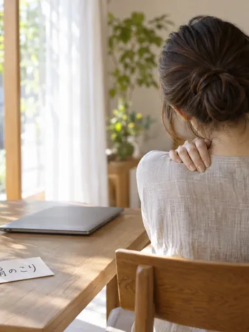 肩に手を添える後ろ姿と「肩のこり」のメモ