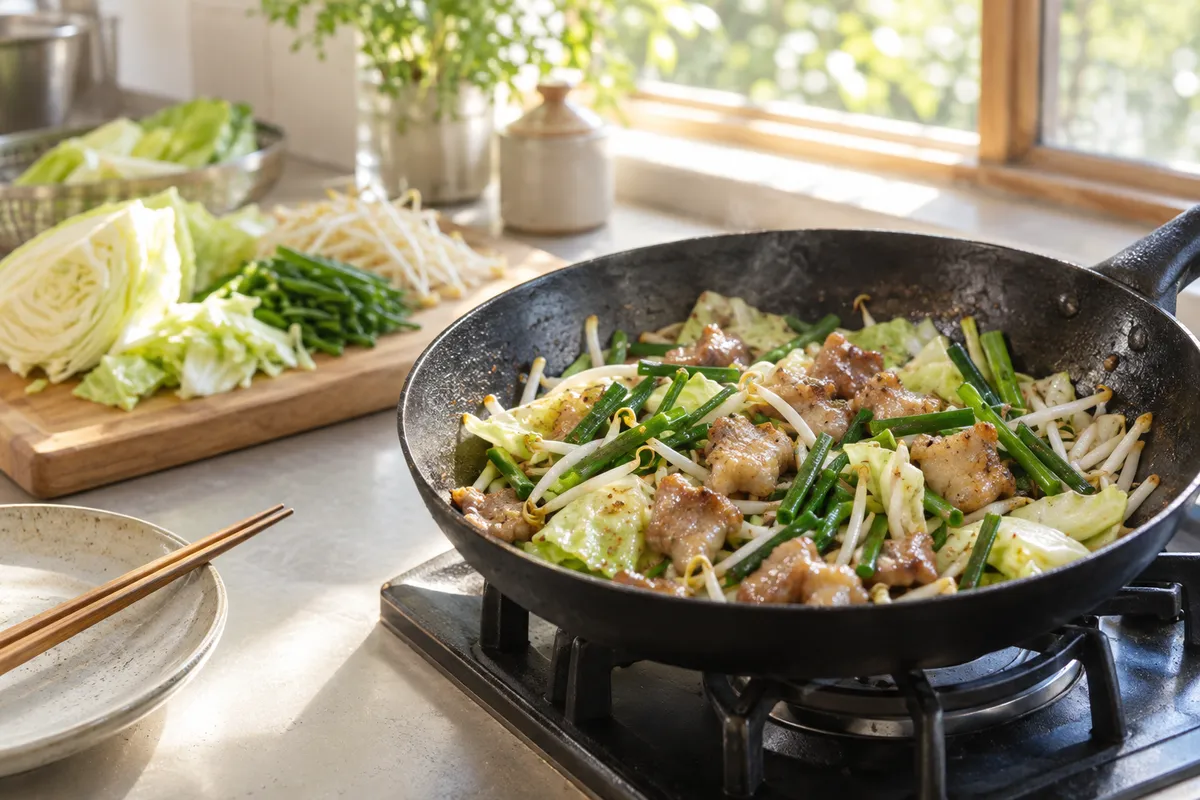 フライパンで炒めた牛モツと野菜