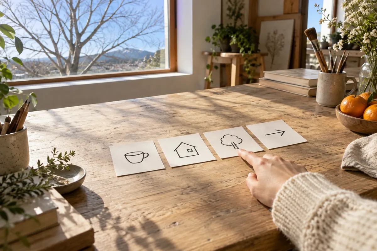 絵柄だけのカードを指さす、冬の昼の作業机