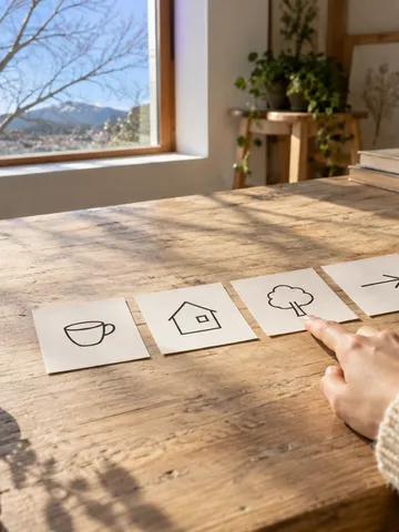 絵柄だけのカードを指さす、冬の昼の作業机
