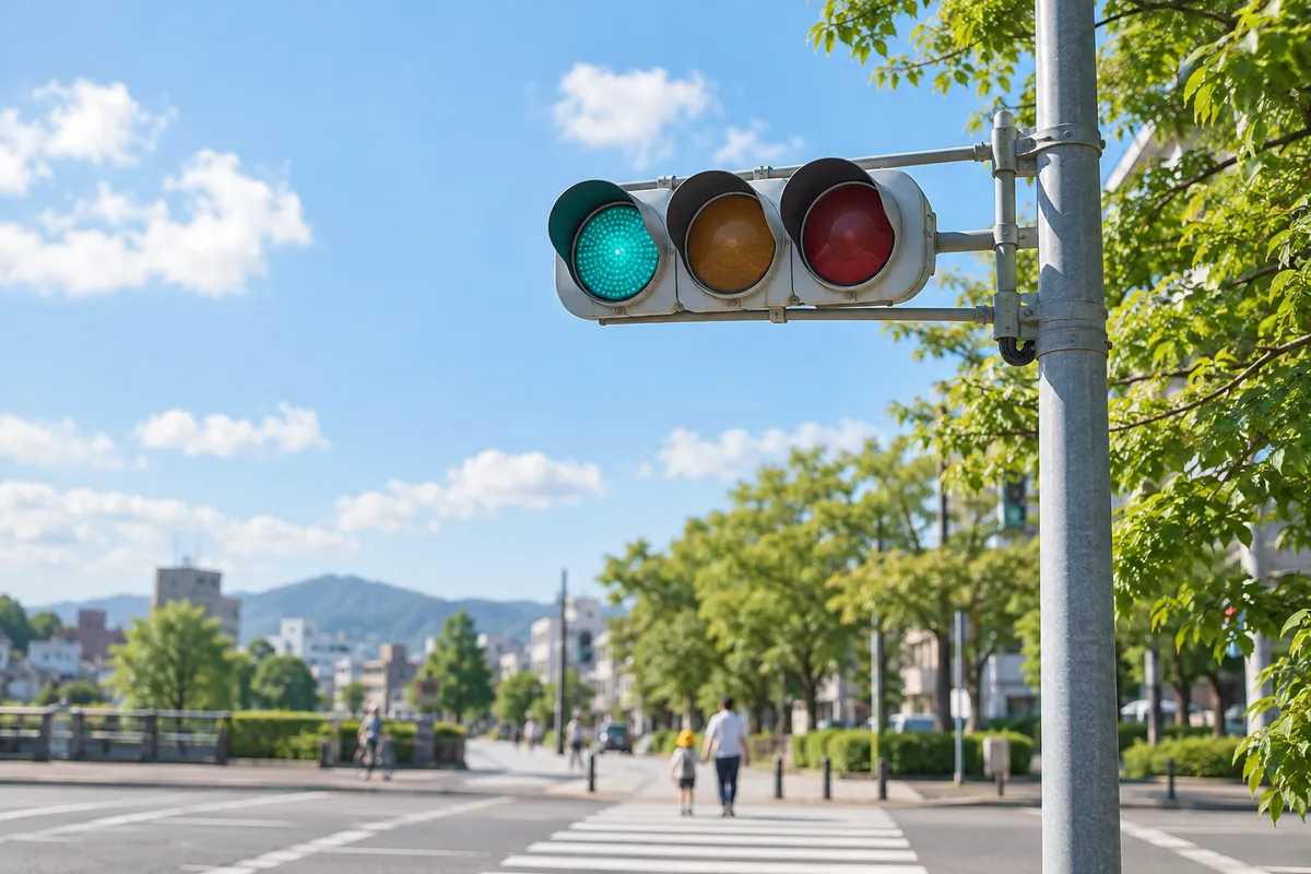 夏空の下で青を灯す交差点の信号機