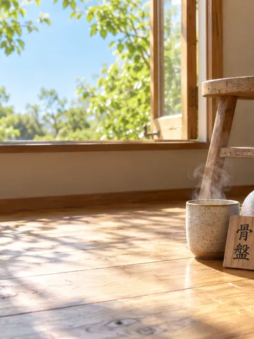 日なたの床に置かれた「骨盤」の木札と白湯