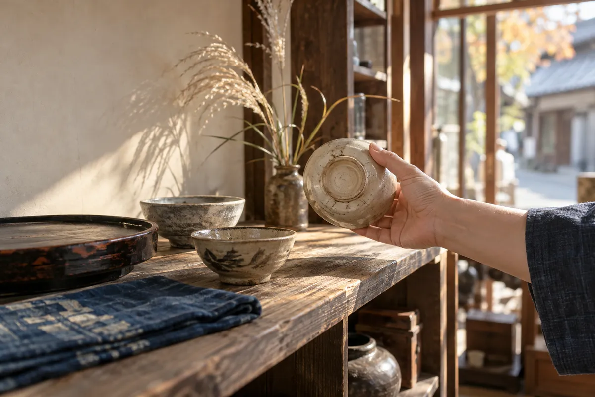 骨董店の棚で古い器を手に取る手元