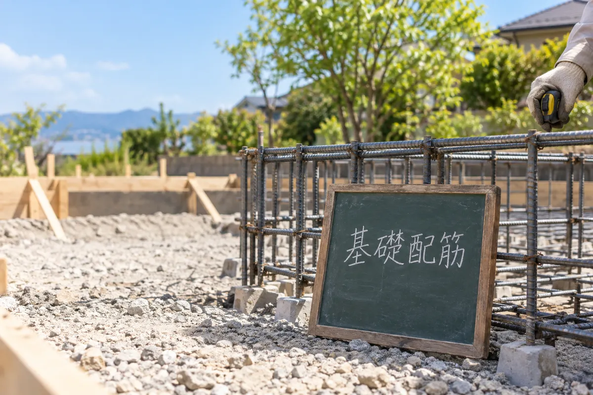 基礎の鉄筋の前に置かれた工事用の小さな黒板