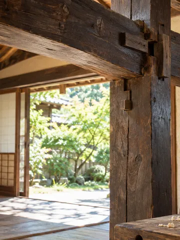古民家の梁と柱、立てかけられた古い板材