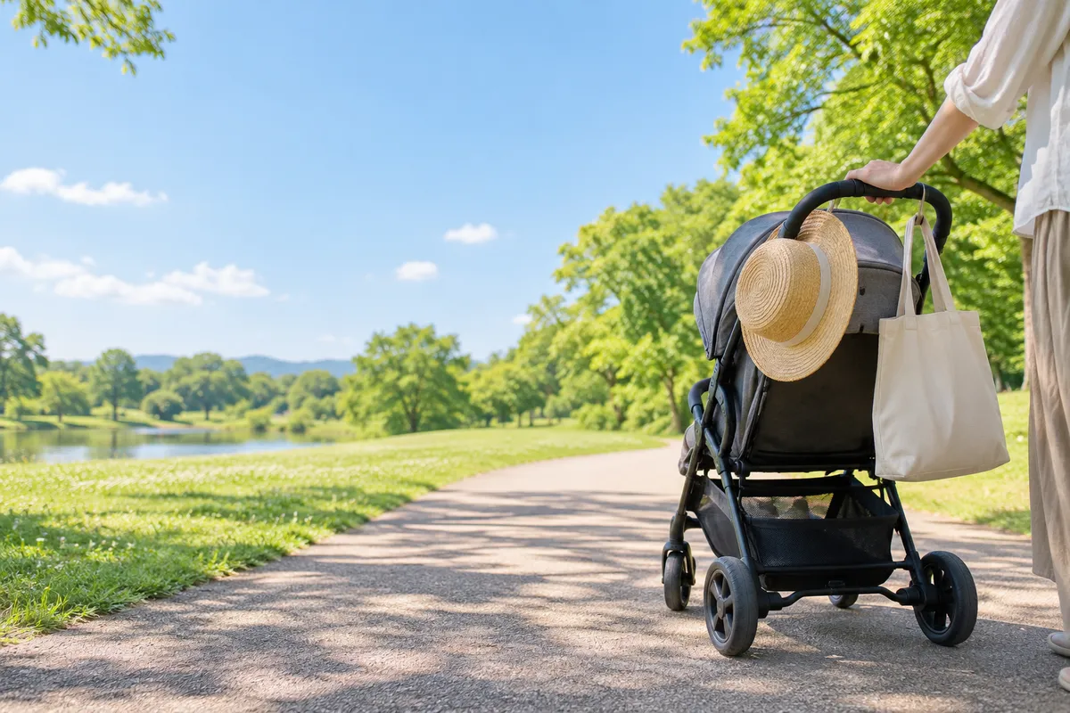 日なたの公園の道に止まったベビーカーと手元
