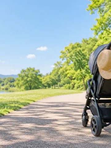 日なたの公園の道に止まったベビーカーと手元