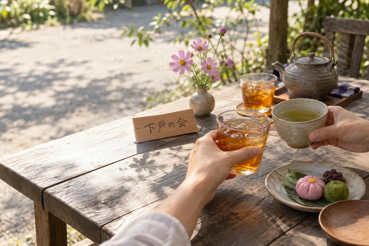 カフェのテーブルに並ぶお茶と和菓子、乾杯する手元