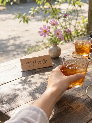 カフェのテーブルに並ぶお茶と和菓子、乾杯する手元