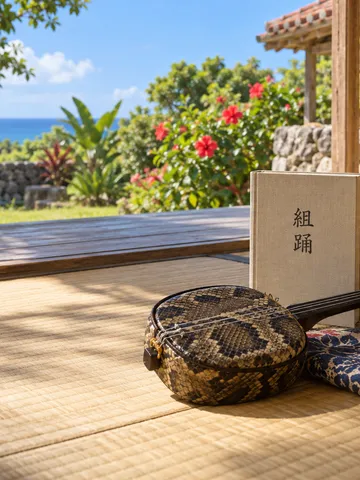 縁側の畳に置かれた三線と紅型の布、組踊の本