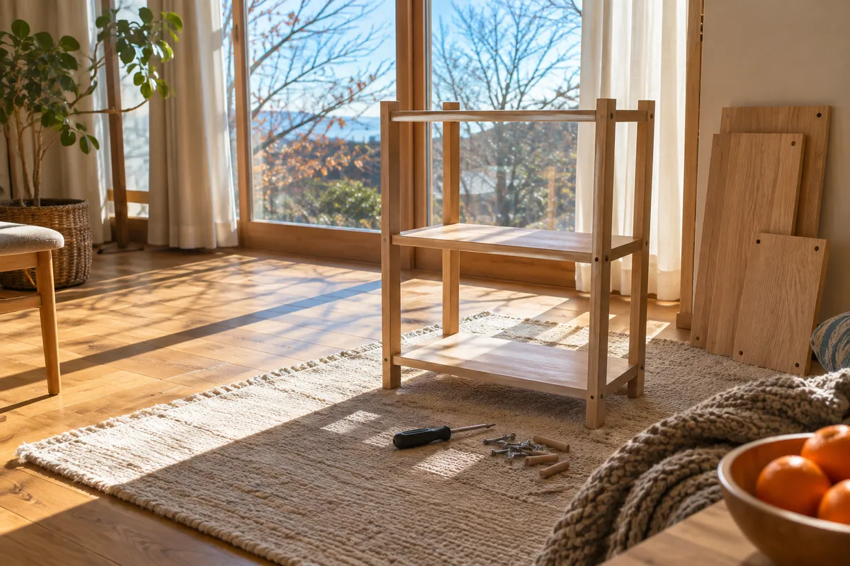 日なたの床で組み立て途中の木製の棚と工具