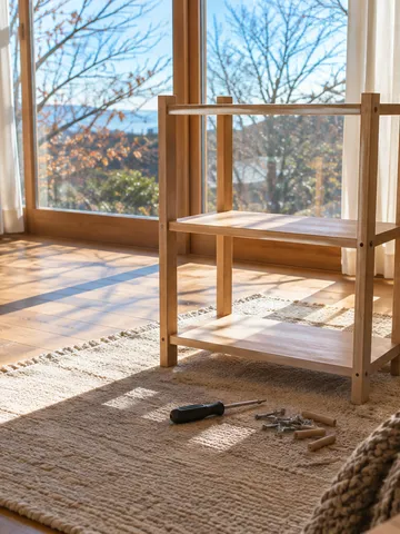 日なたの床で組み立て途中の木製の棚と工具