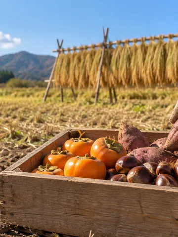 稲架の見える秋の畑と、収穫した国産野菜や果物の木箱
