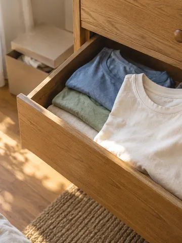 タンスの引き出しから取り出す畳まれたTシャツ