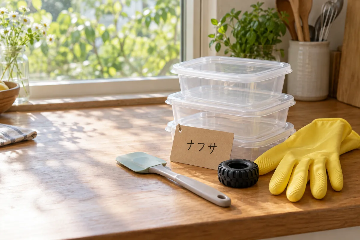 台所に並ぶプラスチック容器やゴム手袋と「ナフサ」の札