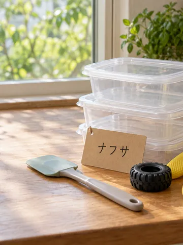 台所に並ぶプラスチック容器やゴム手袋と「ナフサ」の札
