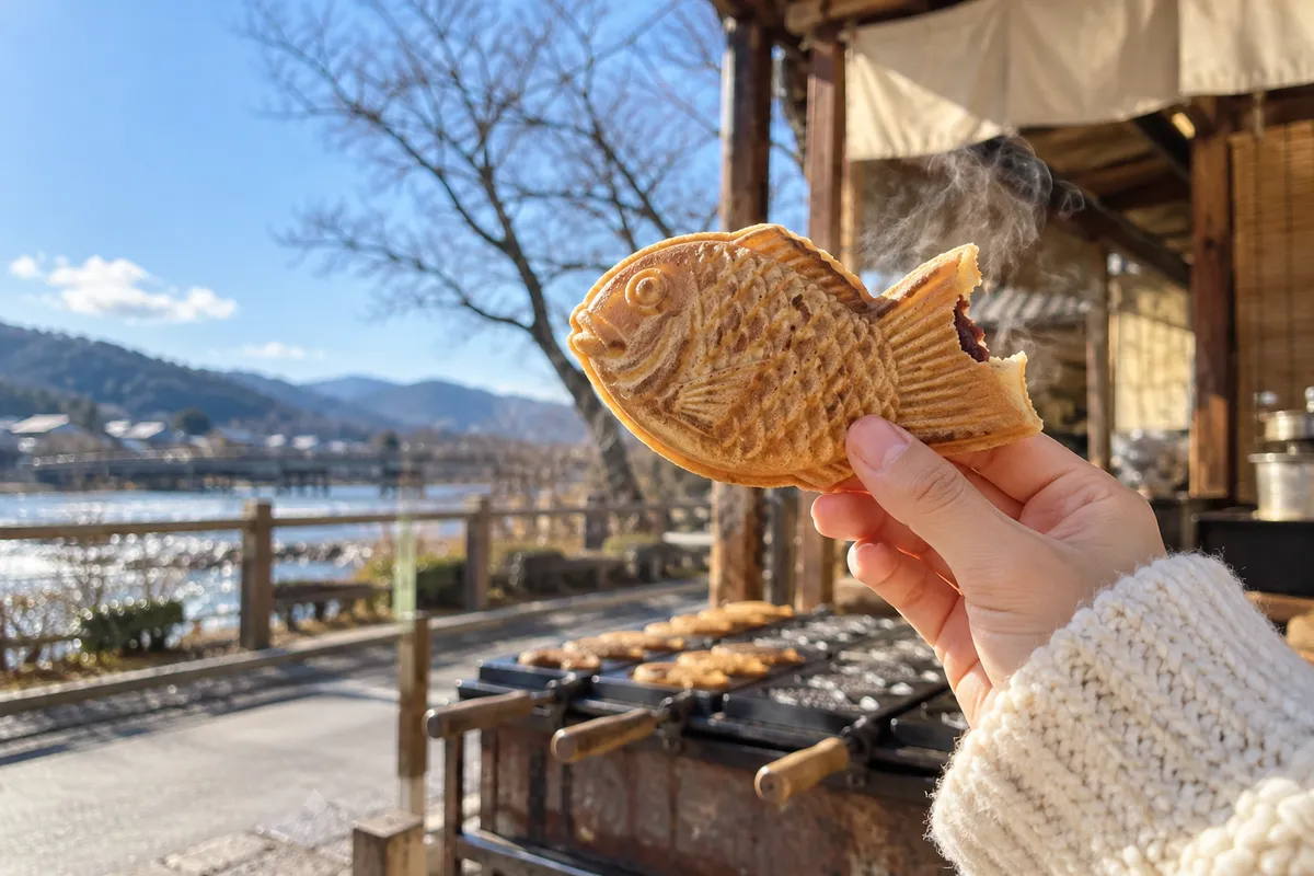 冬空の下、焼きたてのたい焼きを手に持つ様子