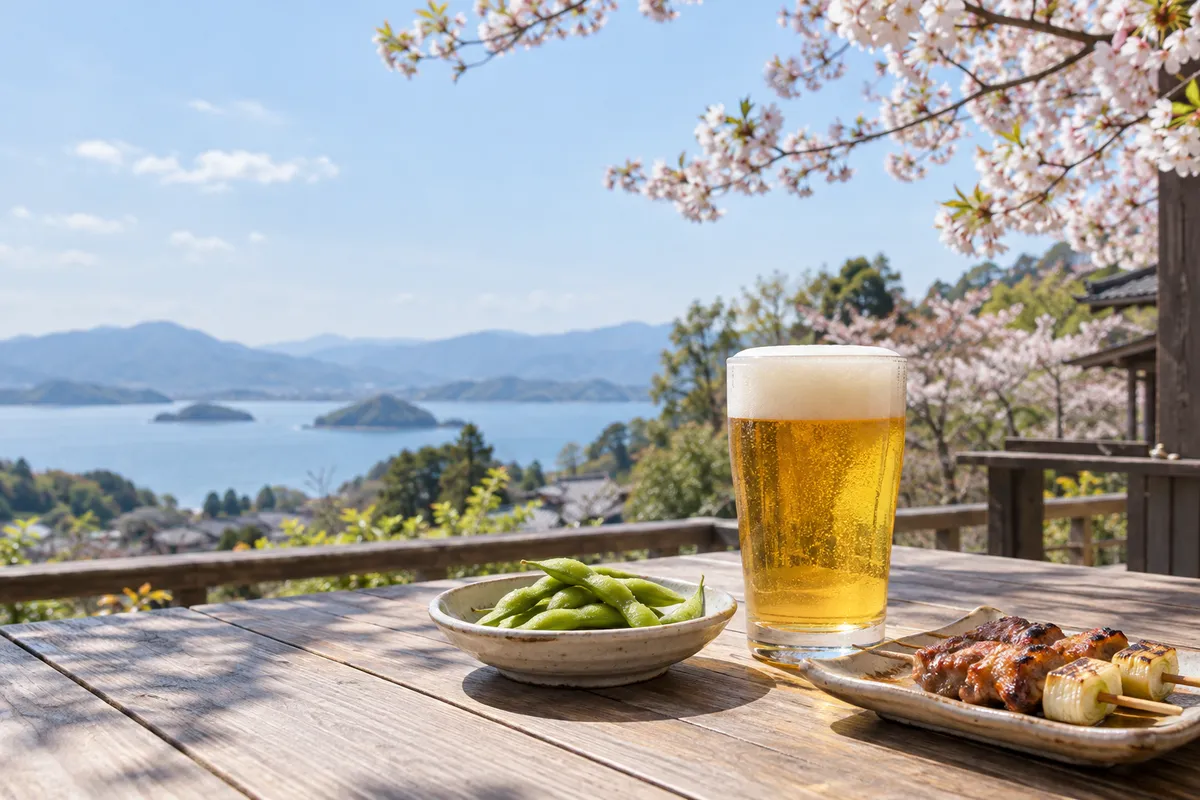 桜の下のテラス席に置かれた生ビールと枝豆