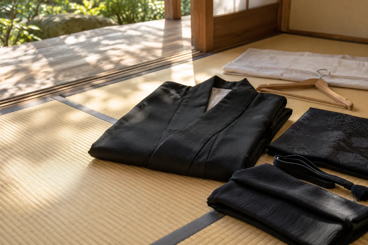 畳の上に並べた黒い着物と黒い衣類