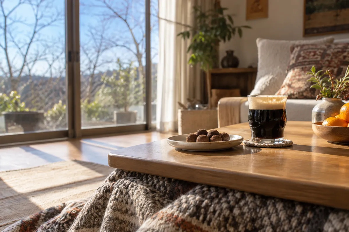 こたつの上の黒ビールとココア粉のチョコ