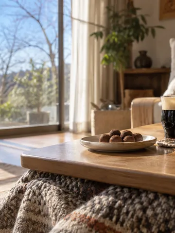 こたつの上の黒ビールとココア粉のチョコ
