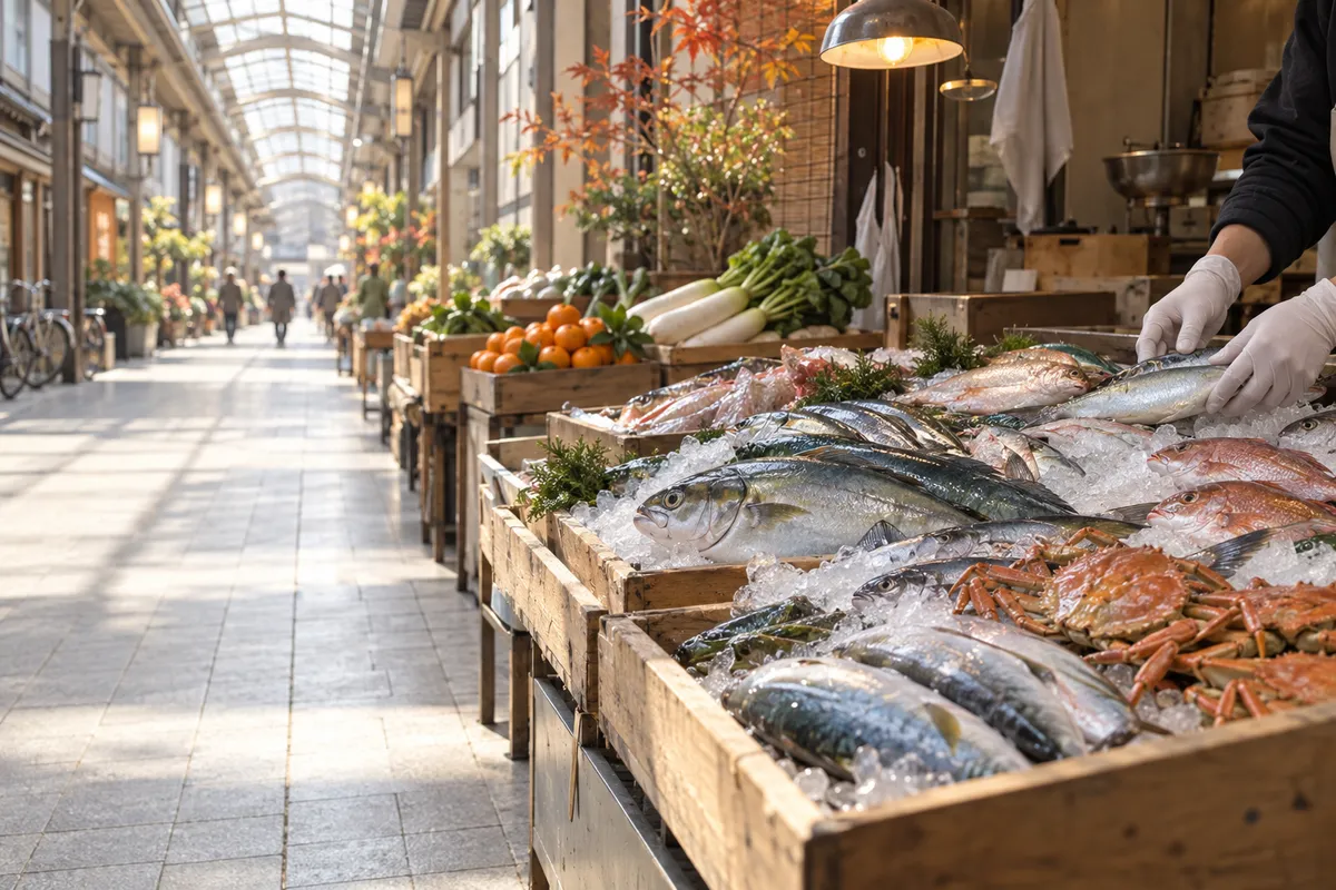 アーケード市場の鮮魚の店先と並ぶ魚