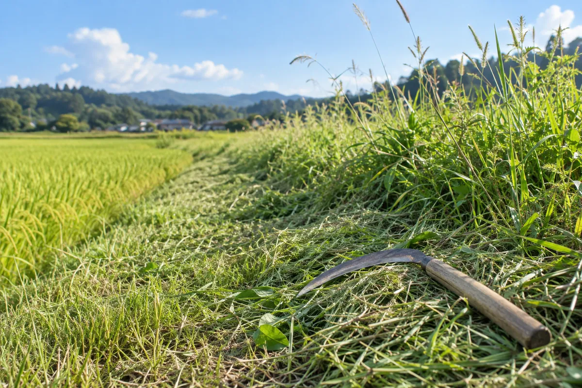 日なたの畑のあぜに茂る草と草刈りの鎌
