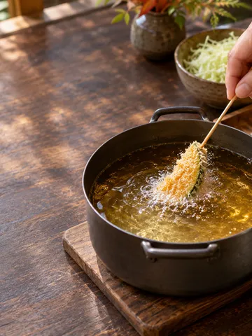 自分で串揚げを揚げる手元と具材の串