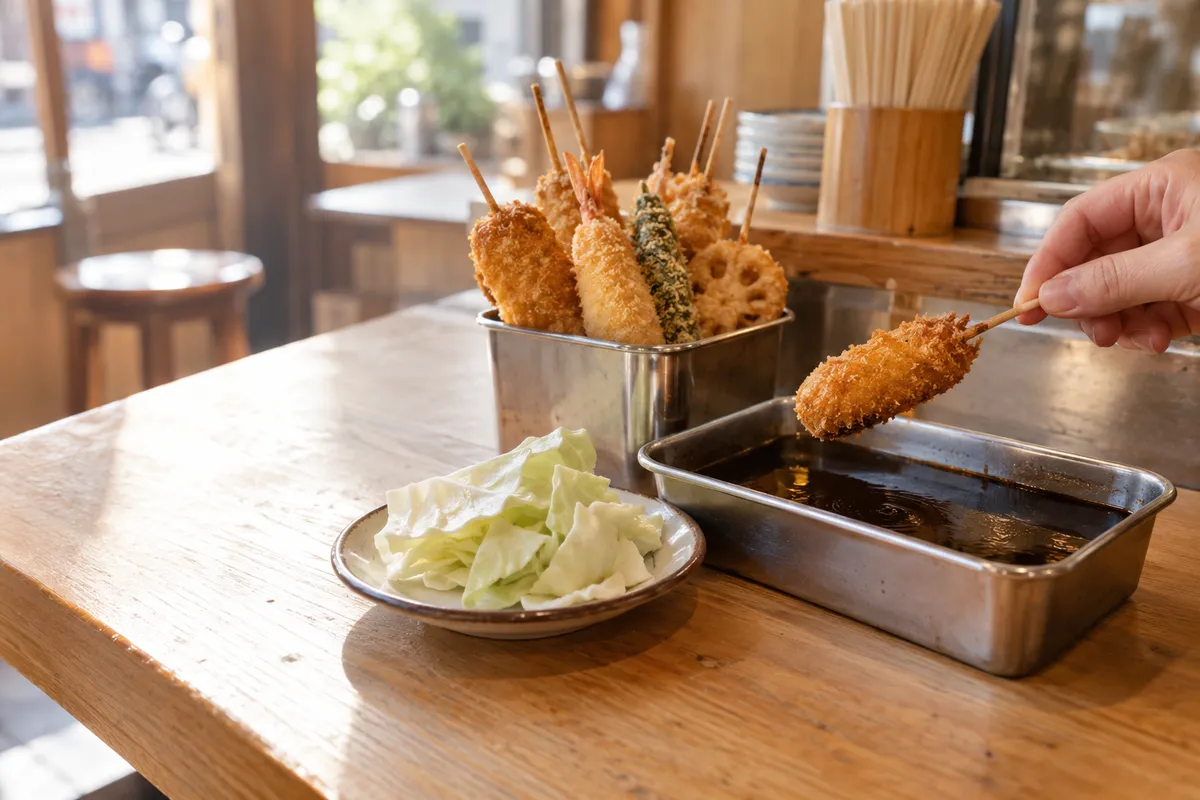 揚げたての串カツとソース、キャベツ