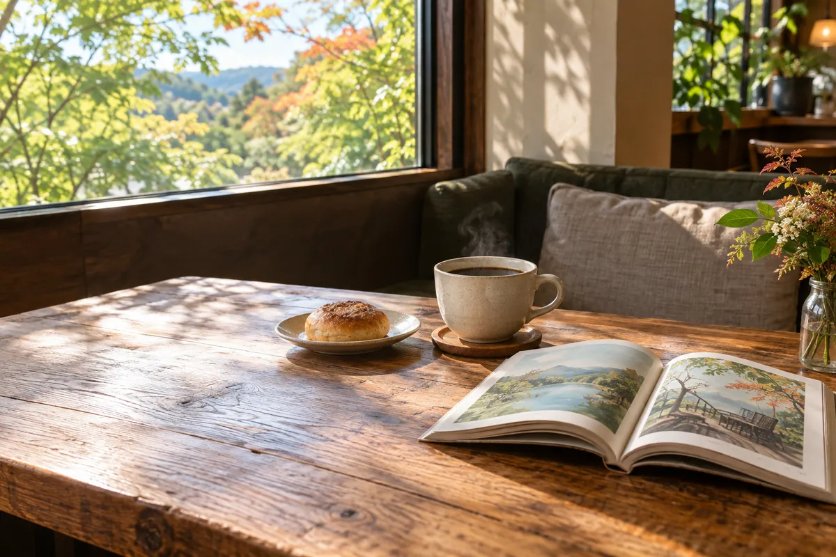 日差しの入る喫茶店のソファ席とコーヒー、本
