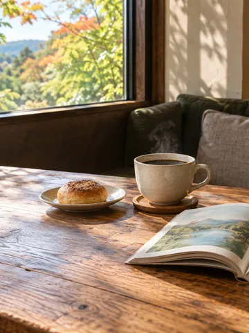 日差しの入る喫茶店のソファ席とコーヒー、本