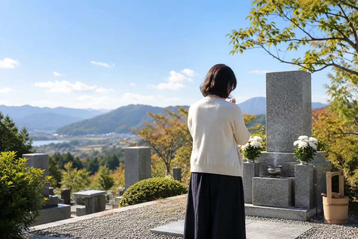 晴れた日の墓前で手を合わせる後ろ姿