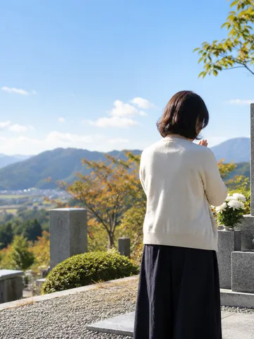 晴れた日の墓前で手を合わせる後ろ姿