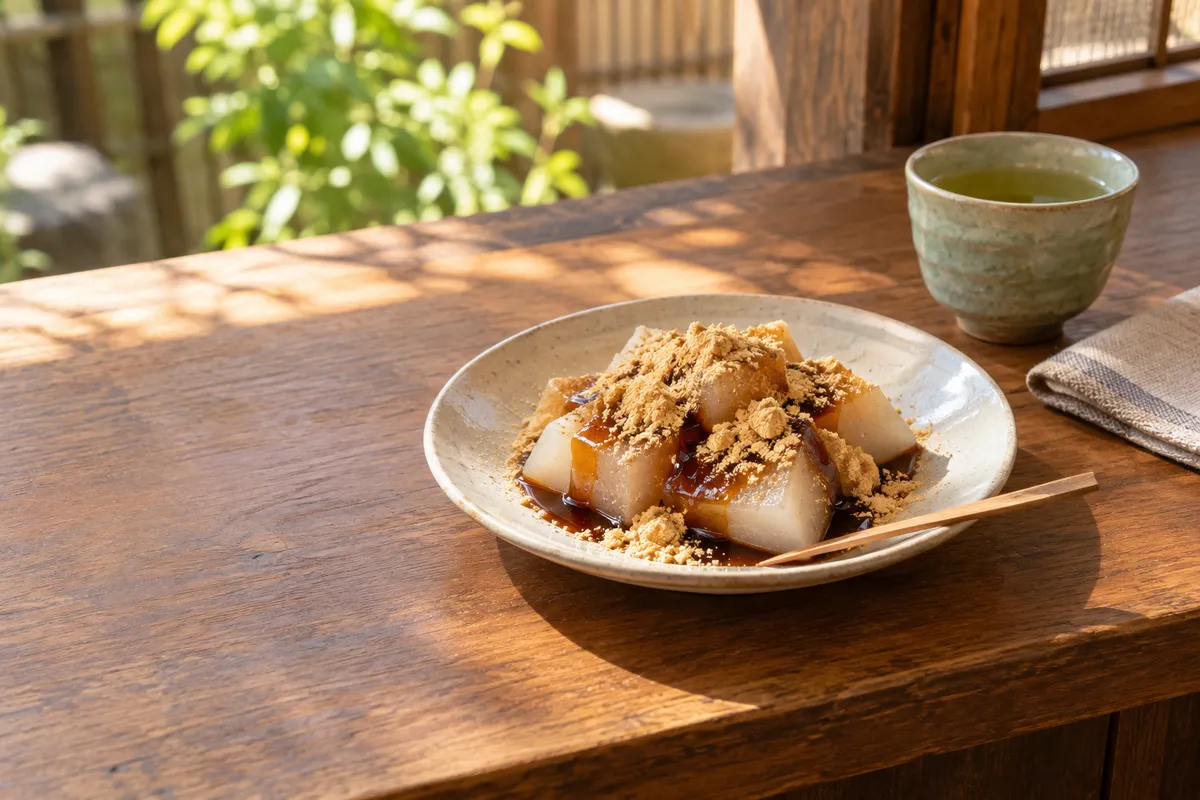 黒蜜ときな粉をかけたくず餅の皿