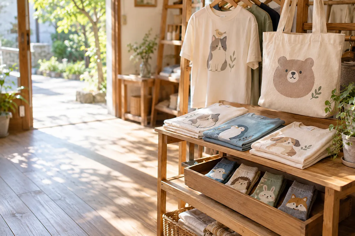 キャラクター柄の服と小物が並ぶ明るい店先