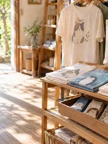 キャラクター柄の服と小物が並ぶ明るい店先