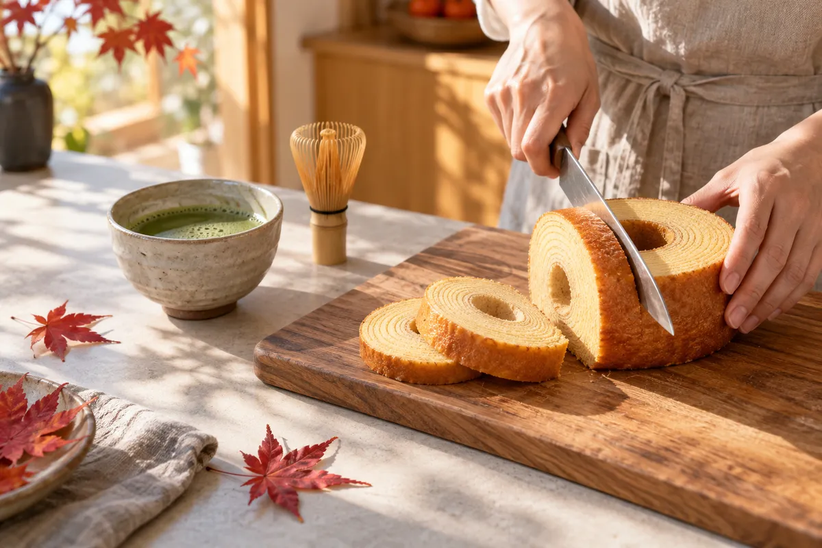 木のまな板でバームクーヘンを切り分ける手元と抹茶