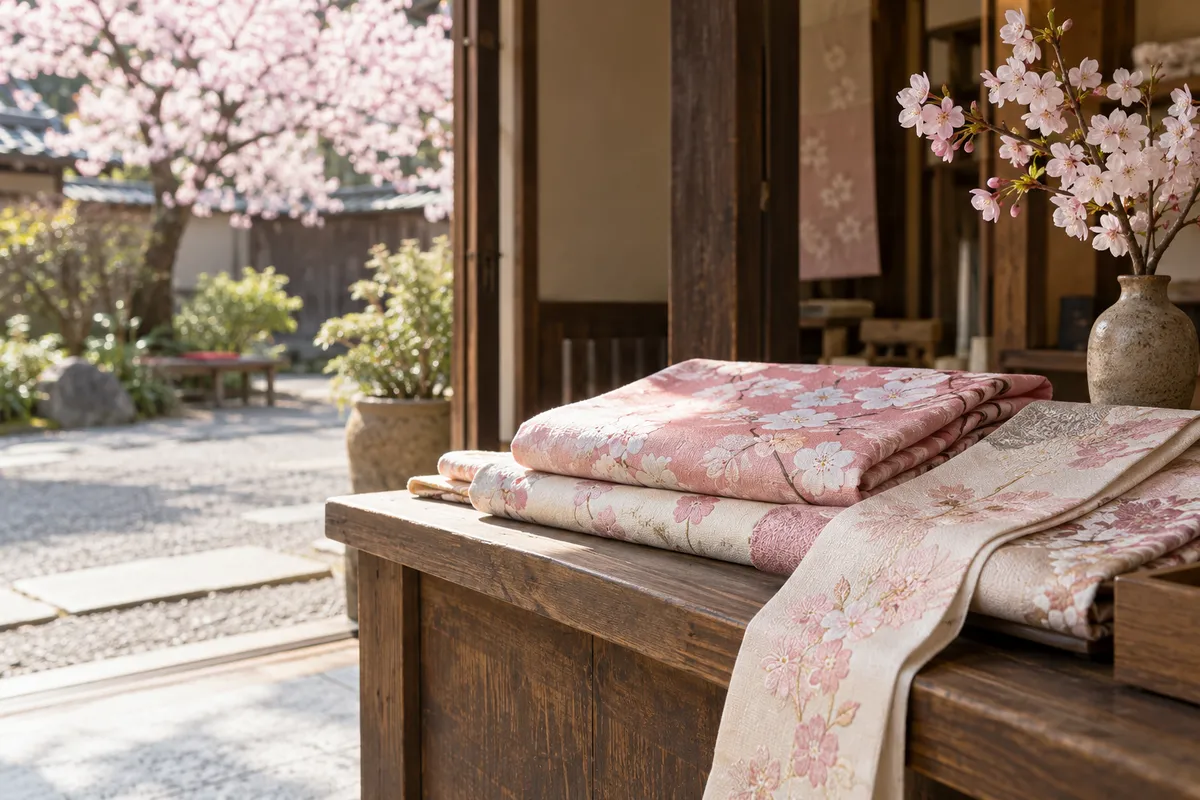 桜柄の風呂敷と半衿が並ぶ京都の店先