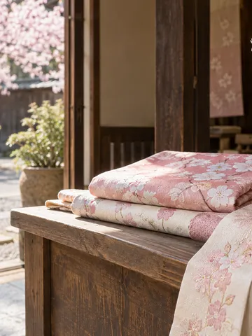 桜柄の風呂敷と半衿が並ぶ京都の店先