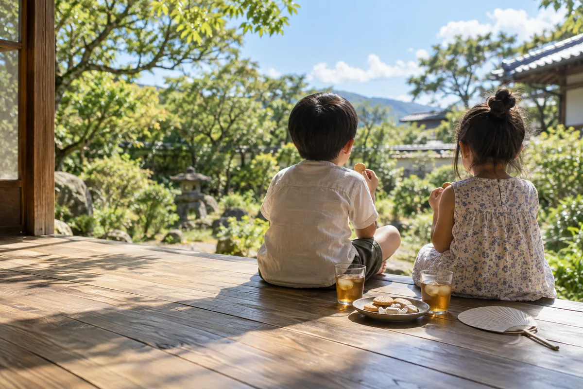 縁側で兄弟がお菓子を分け合う後ろ姿