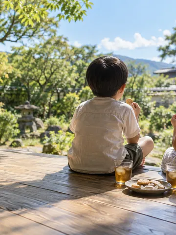縁側で兄弟がお菓子を分け合う後ろ姿