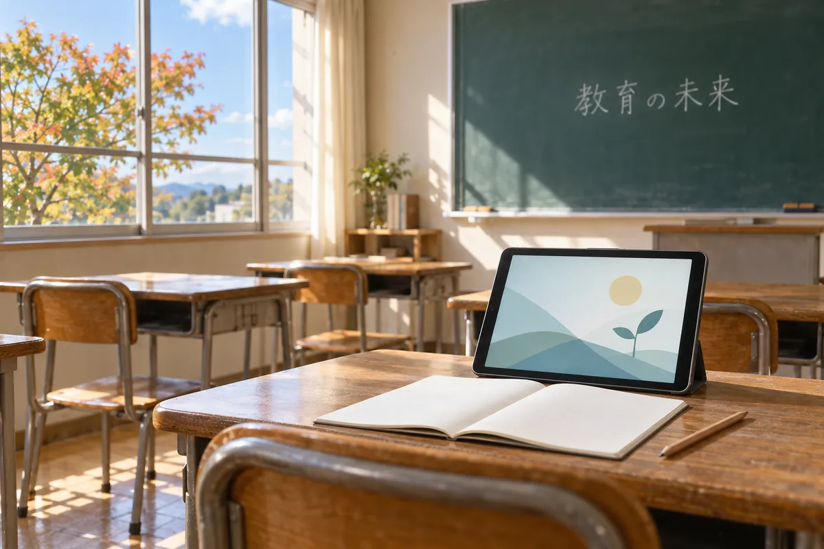 教室の机にタブレットとノート、黒板に教育の未来