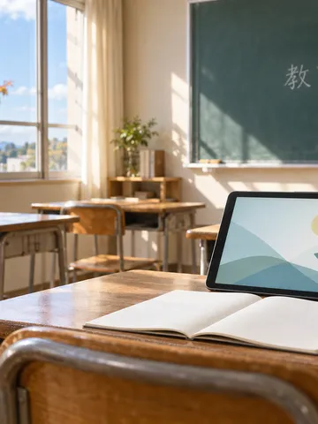 教室の机にタブレットとノート、黒板に教育の未来