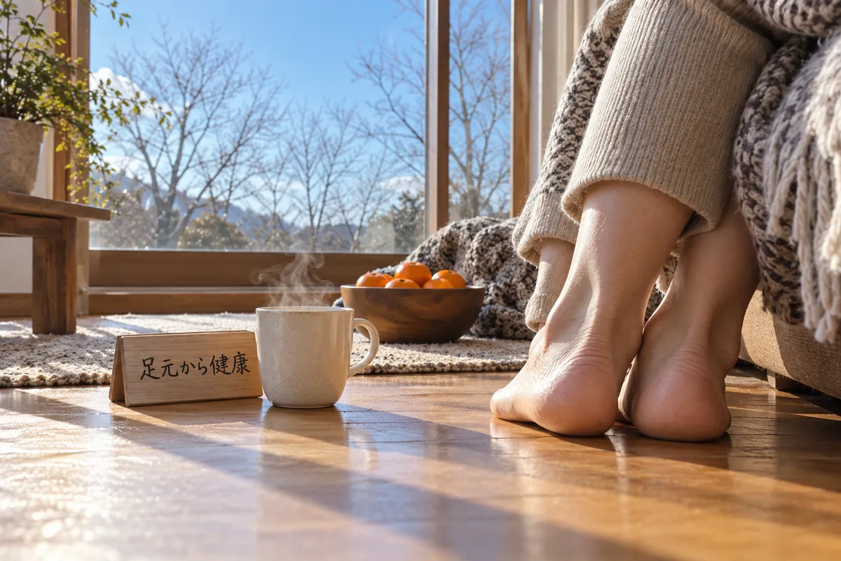 日だまりの床に置かれた素足と「足元から健康」の木札
