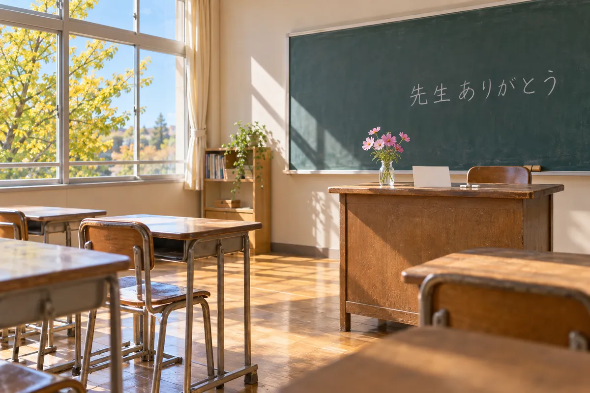 黒板に「先生ありがとう」と書かれた秋の教室